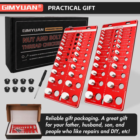 48 Thread Checker For Imperial And Metric Threads With 24 Standard And 24 Metric Sizes And 12 Drill Bit Gauge Pro, Bolt Nut Thread Identifier Board And Screw Measurement Tool Red By GIMYUAN on display in packaging.
