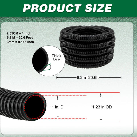 Amazon LONGRUNNEW corrugated pond hose, black PVC, 1 in ID, 20.6 ft long, 3 mm thick with pipe fittings.