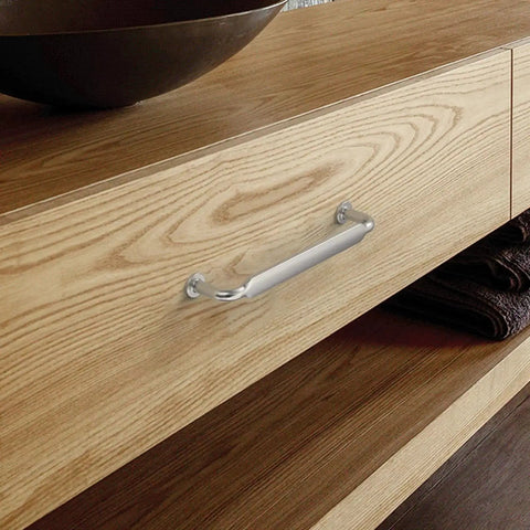 5-inch brushed satin nickel cabinet handle on wooden drawer, part of 10 Pack 5 Inch Brushed Satin Nickel Cabinet Handles For Kitchen Cabinets And Cupboards Durable Cabinet Pulls Hardware For Drawers And Doors Premium Brushed Finish Easy To Install Suitable For Modern And Traditional Decor.