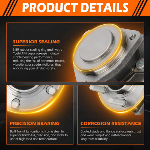Front Wheel Hub And Bearing Assembly With ABS For 2012 To 2020 Chrysler 300 And 2012 To 2014 Dodge Challenger Charger RWD Drop In Replacement 5 Lug Direct Fit Premium Quality product details showing sealing, bearing, and corrosion resistance features