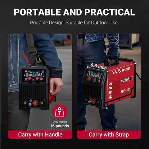 4 In 1 Welder For MIG TIG MMA And Flux Core Welding With Dual Voltage 110V And 220V Portable Synergy IGBT Inverter Gas Or Gasless Operation Includes Welding Helmet And Gloves For Home Shop Projects shown with handle and strap options