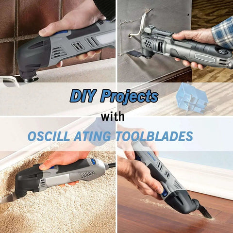 Beast All In One 26 Piece Titanium Oscillating Saw Blades Kit For Wood Metal Plastic With Multitool Blades AIFICUT Set Fits Rockwell Ridgid Ryobi Milwaukee Chicago Craftsman Dewalt in use on various surfaces for DIY projects.