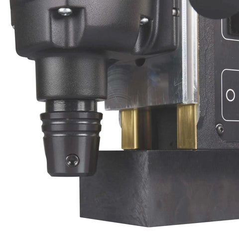 Portable Magnetic Drill For Steel With One And Three Eighths Inch Capacity And Two Inch Thick Cutting, close-up view of drill bit