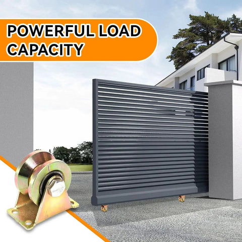 Sliding gate with Eight Pack Beefy 2 Inch V Groove Wheel Casters, heavy-duty for industrial rails, showing powerful load capacity.
