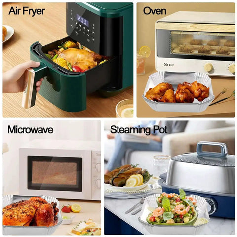 Heavy Duty Aluminum Foil Air Fryer Liners Pack Of 100 Pcs used for baking, frying, microwaving, and steaming in various appliances