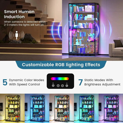 8-Tier RGB Glass Display Cabinet With Motion Sensor And Remote, Lockable Glass Doors, showcasing colorful lighting effects