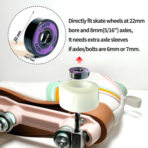 608 skateboard bearing, neon purple, 8mm bore, shown with skate wheel and mounting hardware