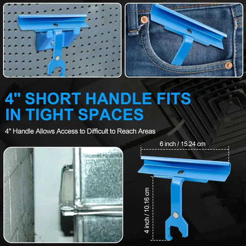 Duct Clip Tool For HVAC Ductwork With Magnetic Clip Access, PPC And PPF Cleat Tools, blue handle shows 4-inch and 6-inch features.