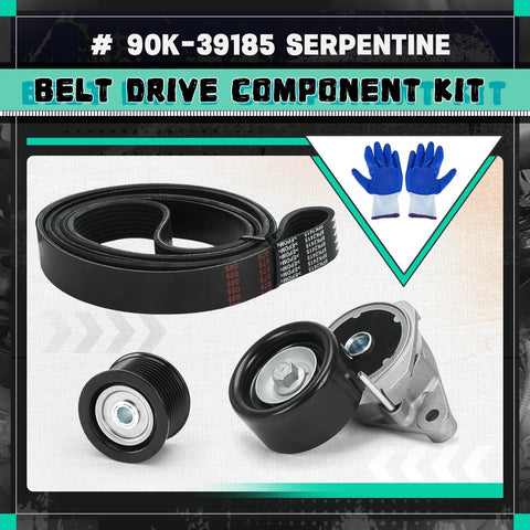 Top-Quality Serpentine Belt Tensioner Idler Pulley Drive Kit for 2007-2018 V8 4.6L and 5.7L Engines in Tough Trucks and Rugged Suvs Replaces 90K-39185 39185 36370 8PK2415 with Easy Diy Setup for Kickass Performance and Rock-Solid Reliability on the Road. view of components