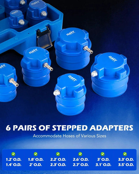 Turbo Boost Leak Tester Kit With Smoke Adapter And 6 Pairs Of Stepped Adapters 1.2 To 3.5 Inches for leak testing.