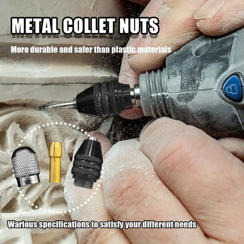 Hand using rotary tool with Fifteen Piece Drill Chuck Collet Set For Rotary Tool With Ten Brass Collets From One Thirty Second To One Eighth Inch Keyless Quick Change Chuck Nuts And Wrenches Replacement Accessory Kit For 3000 4000 7700 Series