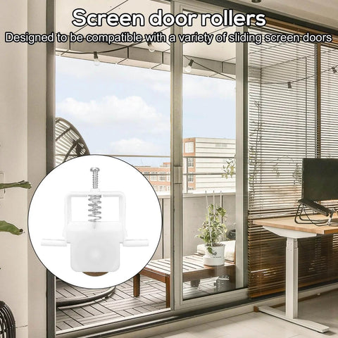 4 Pack Sliding Screen Door Rollers 1 Inch Spring Loaded Replacement Roller Assembly With Carbon Steel Ball Bearings Fits B646 B737 B691 B695 Door Wheels Includes Extra Screws No Frills Easy Install shown against a sliding glass door backdrop.