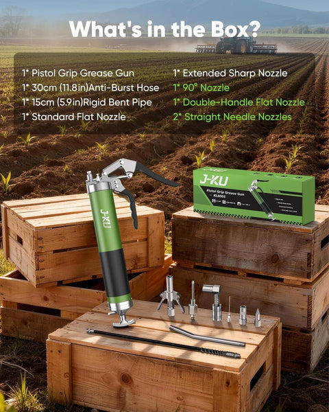 J-KU grease gun kit with green pistol-grip gun, 14 oz capacity, and 6 nozzle attachments on wooden crates.