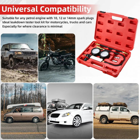Cylinder Leak Down Tester Kit For Gasoline Engines With Dual Pressure Gauges Easy Read Diagnostic Gear For Compression Leaks Tu21 Detector Pro Grade 8MILELAKE displayed in a red case next to various vehicle types for compatibility.