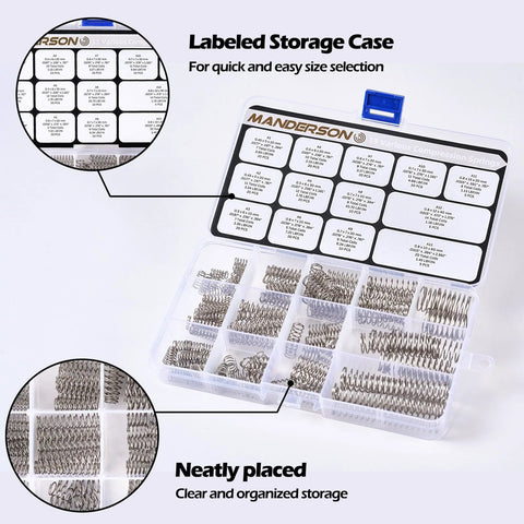 Manderson compression springs assortment kit in labeled 13-size case, 185 pcs, stainless steel for home repair