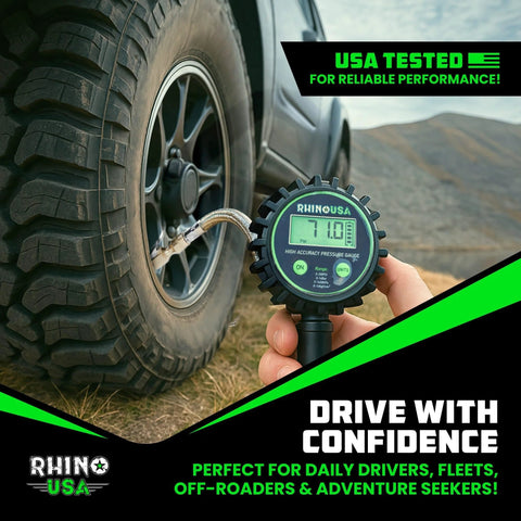 Rhino USA digital tire pressure gauge with inflator; 0–200 PSI, large 2-inch dial, stainless braided hose, brass fittings