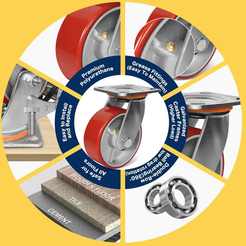Features of Beefy Heavy Duty 5 X 2 Inch Swivel Casters Set Of 4 With Polyurethane Treads And Cast Iron Cores, 4000 Lb Capacity