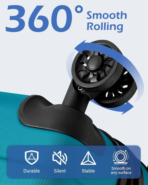 Close-up of 360-degree spinner wheels of Lake Blue Three Piece Hardside Luggage Set By Coolife With TSA Lock, Lightweight ABS Shell, Durable Suitcases