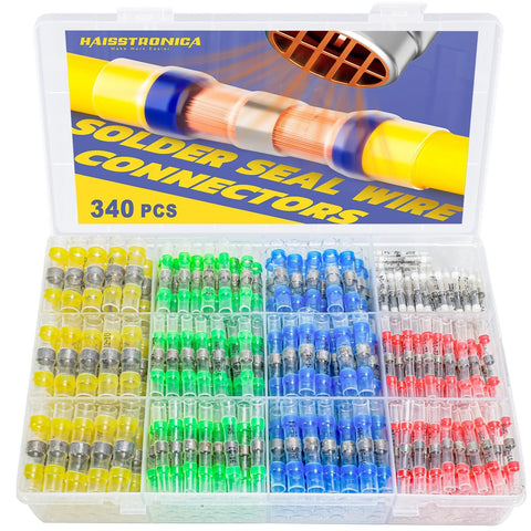 Solder-seal heat shrink wire connectors set in a clear plastic case; 340 pcs in five colors and five sizes.