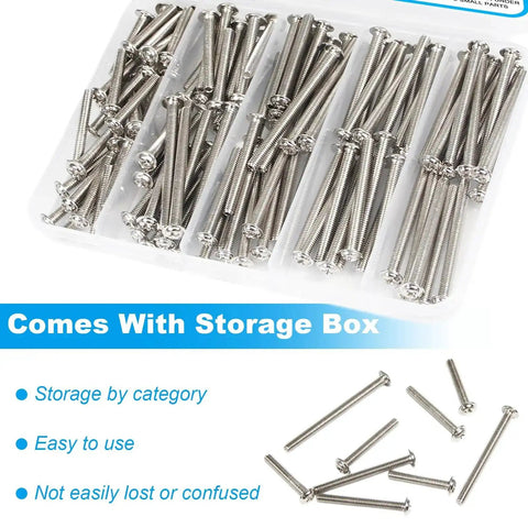120 Piece M4 Cabinet Screws Set With Pan Washer Head in storage box, various lengths shown for easy home installation