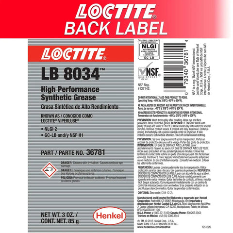 Back label of Loctite LB 8034 High Performance Synthetic Grease with product details and specifications.