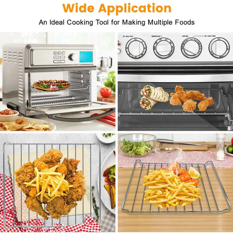 Heavy Duty No Fuss Stainless Steel Air Fryer Rack For TOA 60 65 70 Convection Toaster Ovens with food cooking on tray