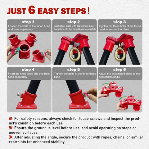 Step-by-step assembly instructions for 4400 Lbs Tripod Head And Base Set With 360 Rotation Ring For Hand Chain Hoists.