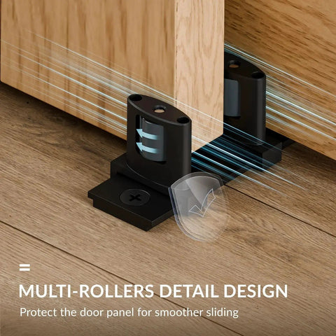 Close-up of Three Roller Adjustable Floor Guide For Siding Closet Doors And Bypass Sliding Doors Aluminum Construction in use.