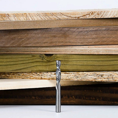 Spiral Router Bits Down Cut For Wood Carving And Engraving, 1/4 Inch Shank, Solid Carbide CNC End Mill with wood backdrop