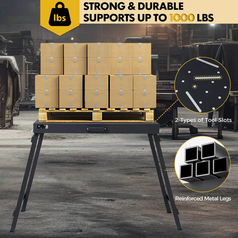 Foldable Welding Table Work Bench With 1000 Lbs Capacity Heavy Duty Steel Construction Pro Grade Portable Weld Table Featuring 0.63 Inch Fixture Holes Spaced 2.6 Inches For Precise Clamps Jigs And Fixturing In Welding Assembly And Repair, shown with boxes demonstrating strength.