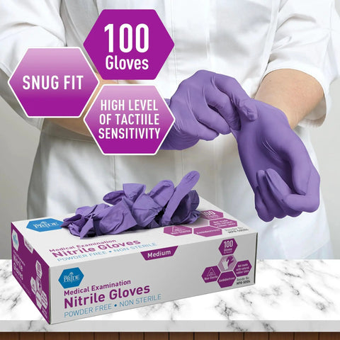 Powder Free Nitrile Exam Gloves Iris Blue Medium Box Of 100 shown with person wearing a glove, highlighting tactile sensitivity