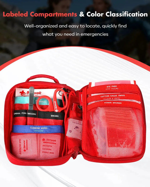 Open view of the Ultimate 121 Piece First Aid Kit For Car Home And Travel With Zip Stitch Wound Closure And Molle Pack Pockets by Senvok