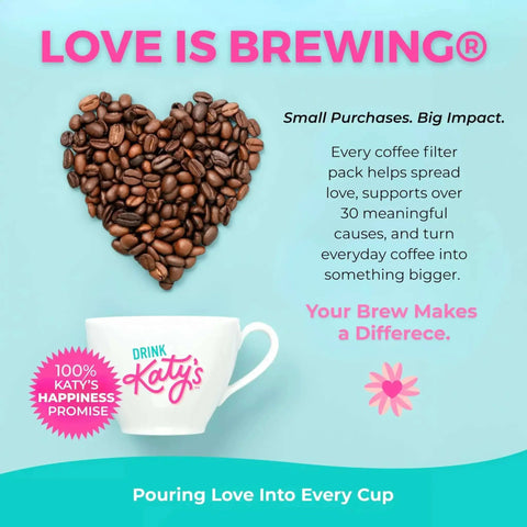Heart-shaped coffee beans above Katy's branded coffee cup on turquoise background with text about impact and happiness promise.