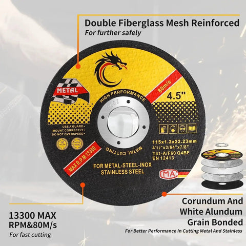 4 1/2 Inch Cut Off Wheel Pack For Angle Grinder Ideal For Metal And Stainless Steel Cutting, 0.045 Inch Thin High Speed Discs Up To 13300 RPM, Dual White Alumina Blend For Clean, Fast Slices, 10 Pack shown with labeling details and features displayed.