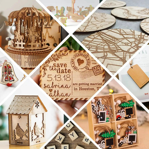 Collage of laser-cut wooden crafts and models, including ornaments, coasters, and custom engraved pieces on display.