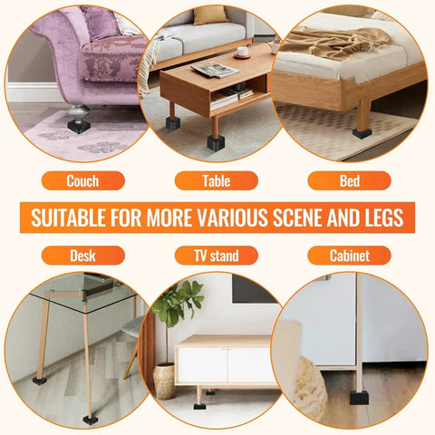 Heavy Duty Adjustable Bed Risers Set 4 Pack with 2, 3 and 4 Inch Lift Blocks under couch, table, bed, desk, TV stand, and cabinet
