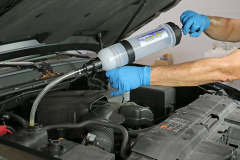 Using 1.5 Liter Fluid Evacuator And Dispensing Syringe With Twist Valve ATF Adapter under car hood