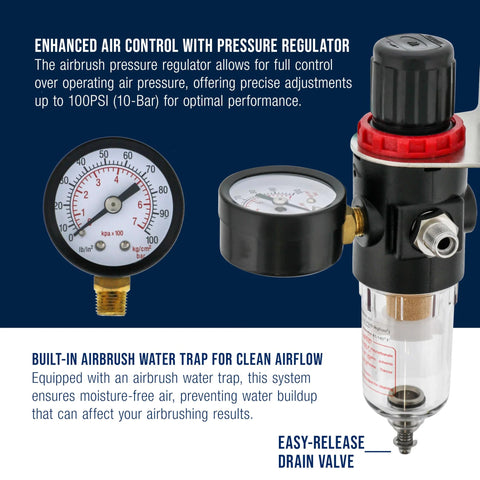 Master Airbrush pressure regulator with gauge and built-in water trap for moisture-free airflow; front view, Amazon Tools