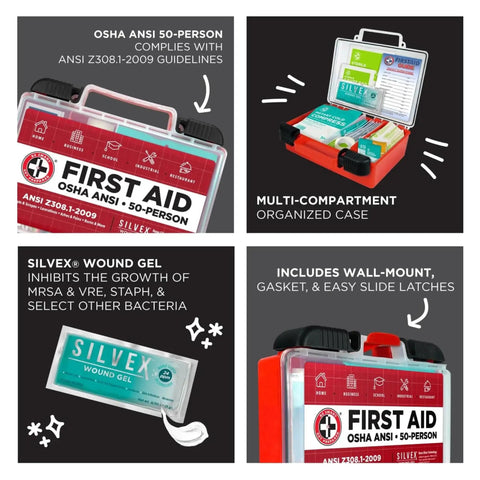 Collage image of OSHA And ANSI Compliant First Aid Kit For 50 People, featuring compartments and SILVEX wound gel.