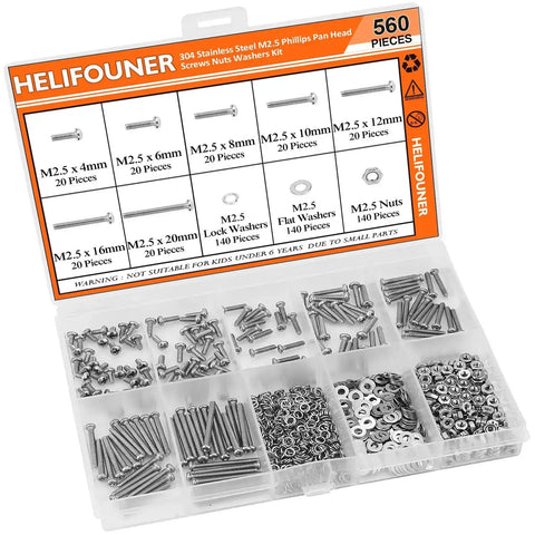 All In One Stainless Steel M2.5 Machine Screw Kit With Phillips Pan Head, 7 Sizes From 4mm To 20mm, Includes Hex Nuts, Lock Washers