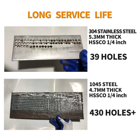 Comparison of drilled stainless and 1045 steel plates showing longevity of One Eighth Inch Cobalt Drill Bit Set, HSS M35 Metal Drill Bits.
