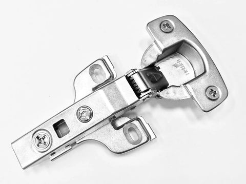 Soft Close Full Overlay Hinge Set For 15 To 22 Mm Doors With 0 Mm Face Frame Plate 35 Mm Cup shown, metal finish, side view