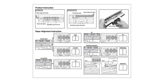Instructions for Adjustable Six Hole Punch For Pocket Journals And Planners, 8 Sheet Capacity, displaying alignment guides and settings.