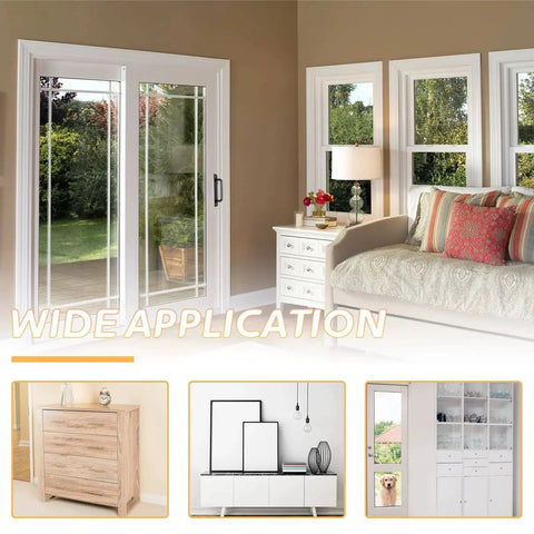 Living room sliding glass door with white frame, sofa, and decorative pillows; examples of room applications below.