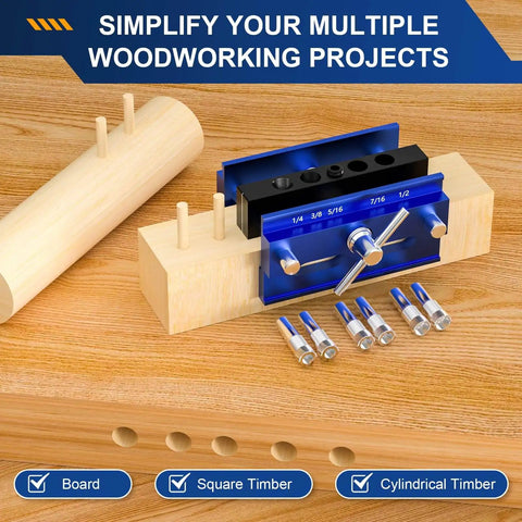 Self Centering Dowel Jig Kit With Drill Guide And 6 Drill Bushings on wood surface, blue aluminum body, woodworking tool.