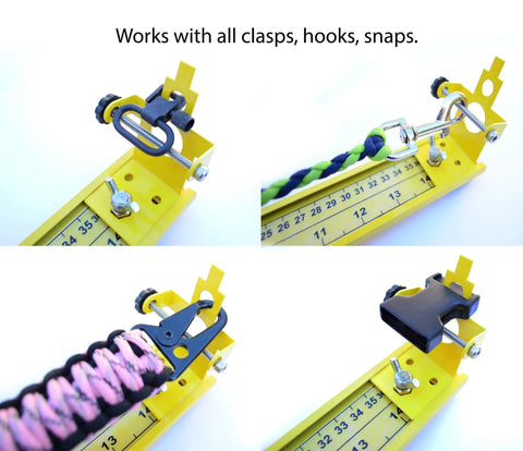 Close-up of 31 Inch Adjustable Paracord Jig, Lightweight Aluminum, showing use with various hooks, clasps, and straps.