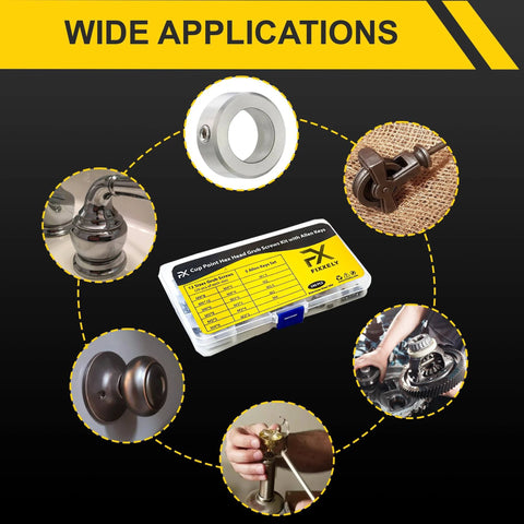 Set Screws Assortment Kit With Allen Keys 240 Pieces Stainless Steel 304 Cup Point Hex Socket Set Screws In Metric M3 Through M8 Great For Bathroom Fixtures Door Knobs Faucets Plumbing And More image including product box and various applications.