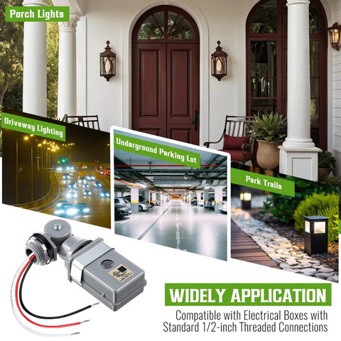 4 Pack Photocell Sensor For Outdoor Lights, 120V AC 50 60 Hz IP54 Waterproof with images of porch, driveway, and park lighting