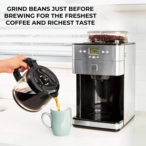Grind And Brew Coffee Maker With Burr Grinder For Consistent Flavor, stainless steel, pouring coffee into a mug.