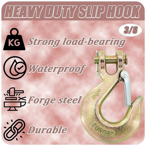 Single G70 Forged Clevis Slip Hook With Safety Latch, 18,000 Lbs capacity, shown with durability and load-bearing icons.